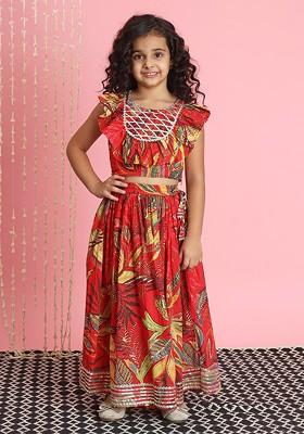 Red Printed Cotton Blend Lehenga Choli For Girls