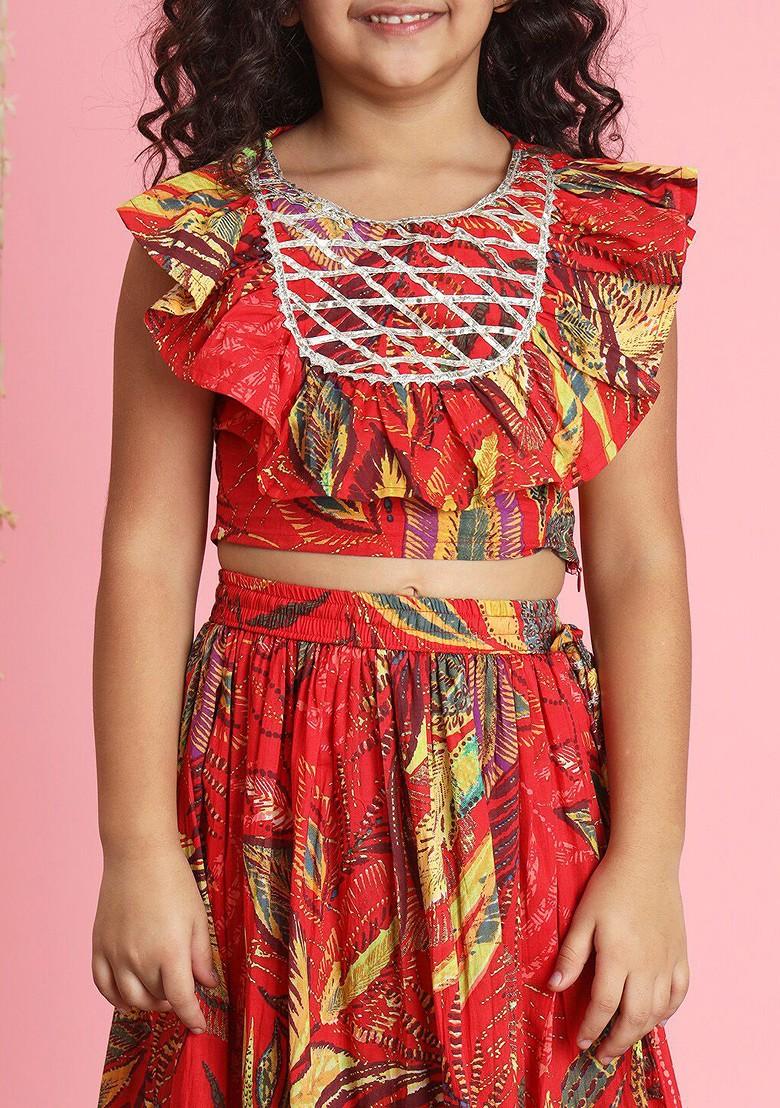 Red Printed Cotton Blend Lehenga Choli For Girls - Indya