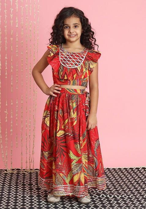 Red Printed Cotton Blend Lehenga Choli For Girls — view on Indya