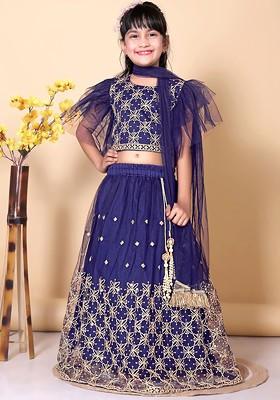 Navy Blue Embroidered Net Lehenga Choli For Girls
