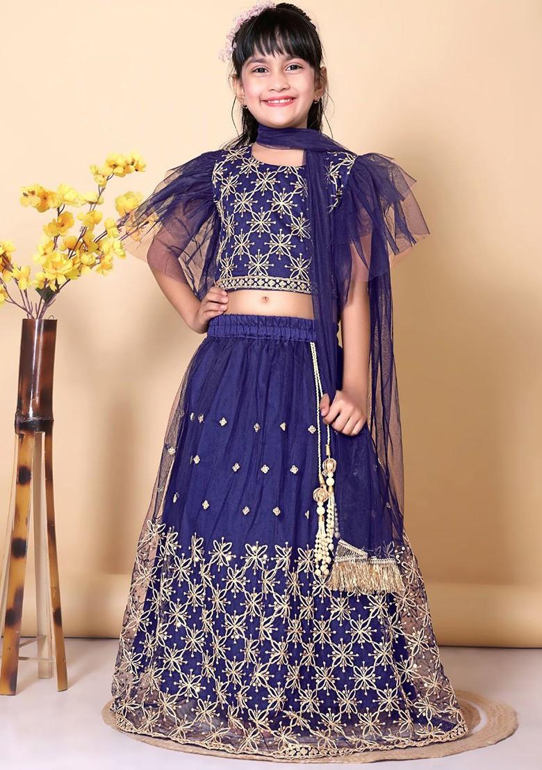 Navy Blue Embroidered Net Lehenga Choli For Girls - Indya