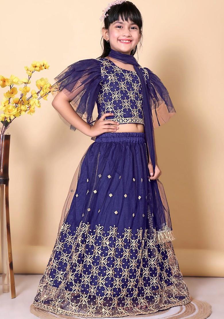 Navy Blue Embroidered Net Lehenga Choli For Girls - Indya
