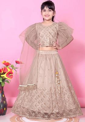 Beige Embroidered Net Lehenga Choli For Girls