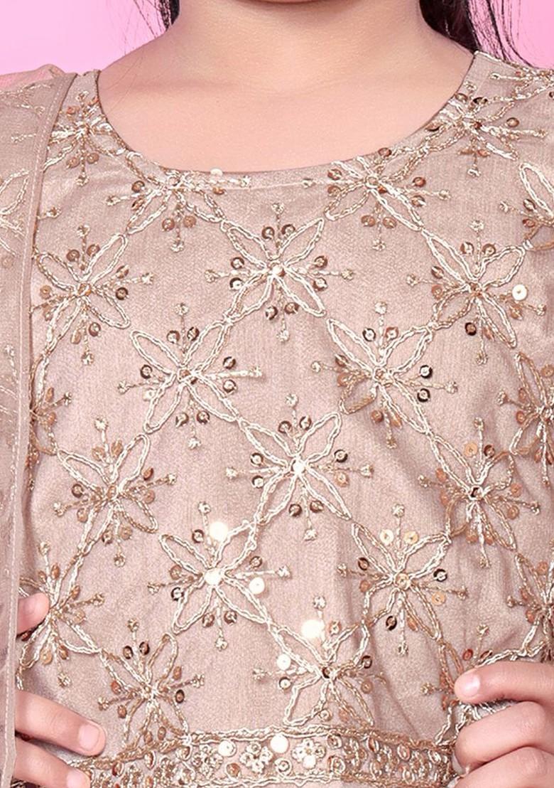 Beige Embroidered Net Lehenga Choli For Girls - Indya