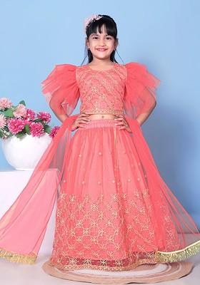 Orange Embroidered Net Lehenga Choli For Girls