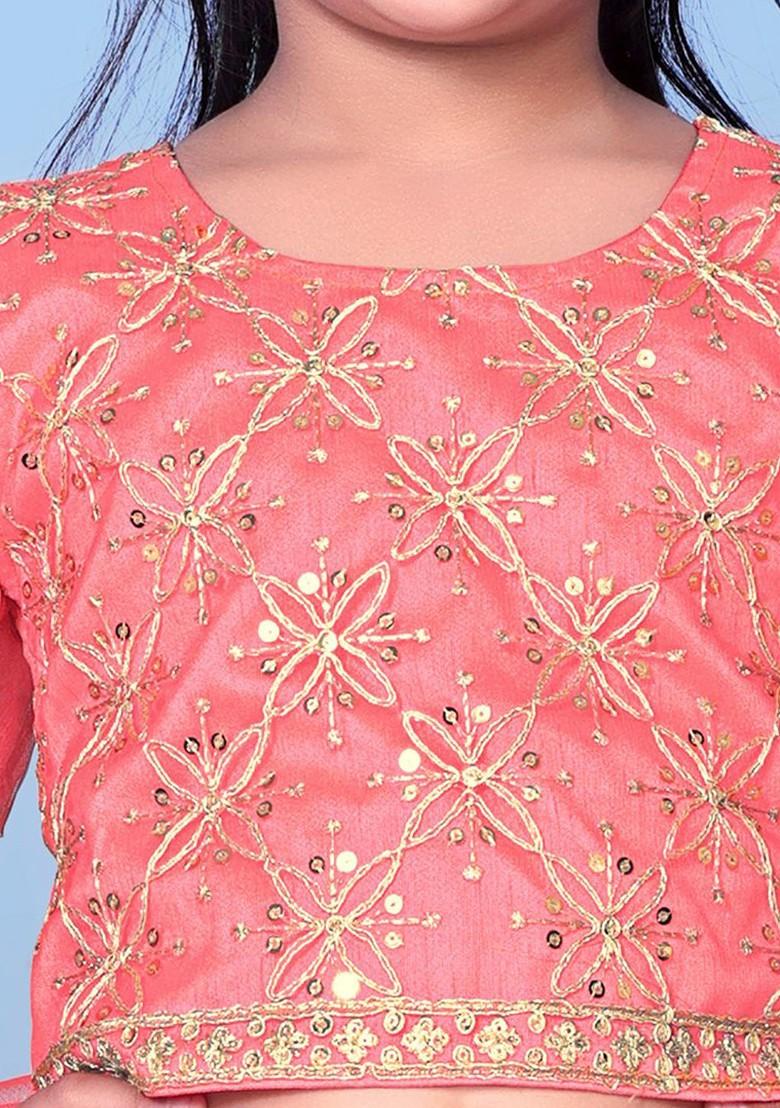 Orange Embroidered Net Lehenga Choli For Girls - Indya