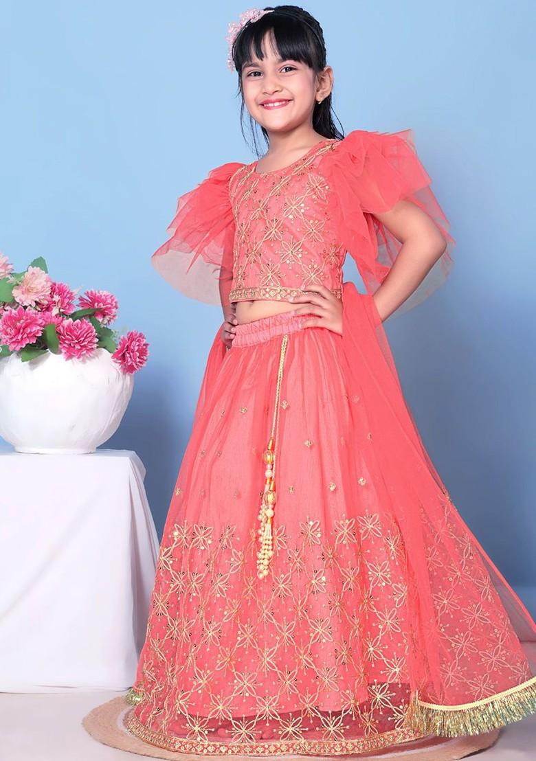 Orange Embroidered Net Lehenga Choli For Girls - Indya