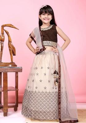Beige Embroidered Blended Lehenga Choli For Girls