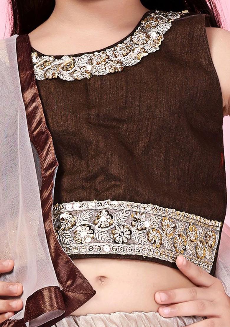Beige Embroidered Blended Lehenga Choli For Girls - Indya