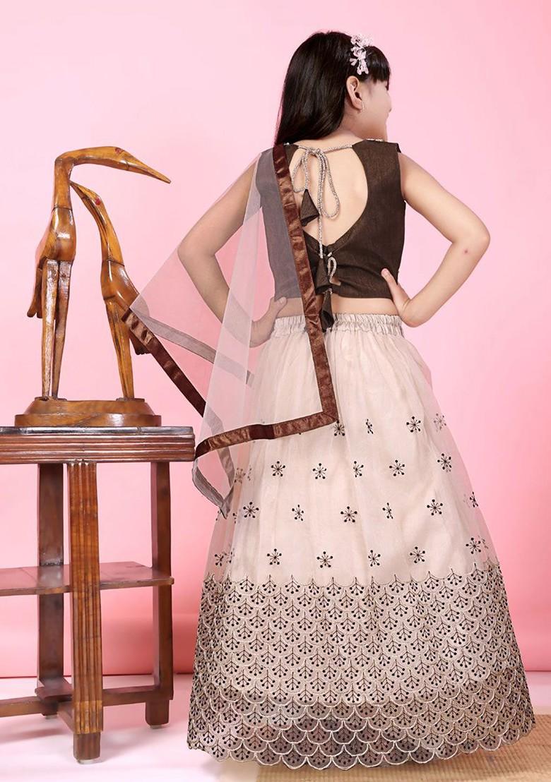 Beige Embroidered Blended Lehenga Choli For Girls - Indya