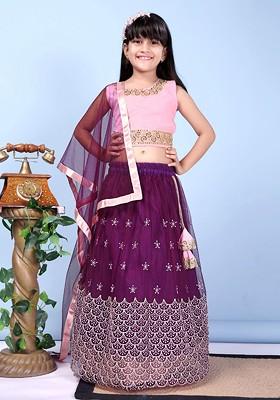 Magenta Embroidered Blended Lehenga Choli For Girls