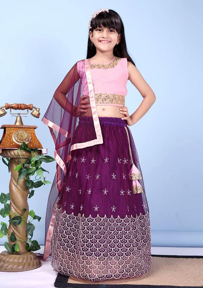 Magenta Embroidered Blended Lehenga Choli For Girls - Indya