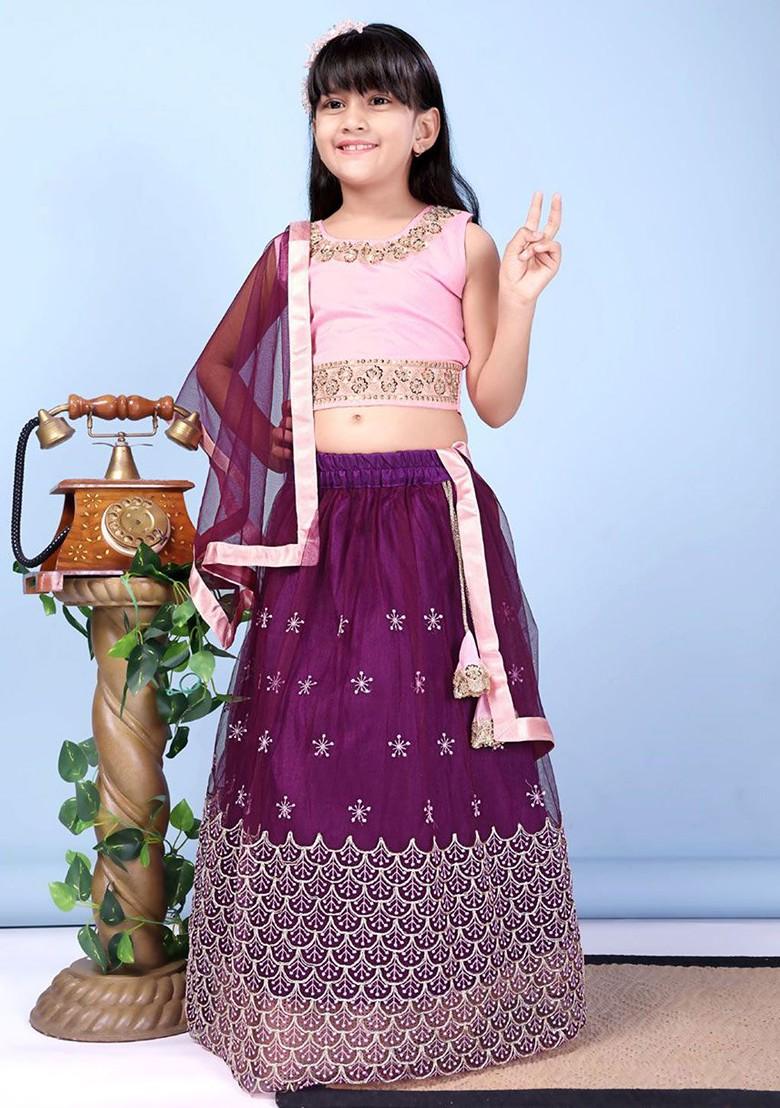 Magenta Embroidered Blended Lehenga Choli For Girls - Indya
