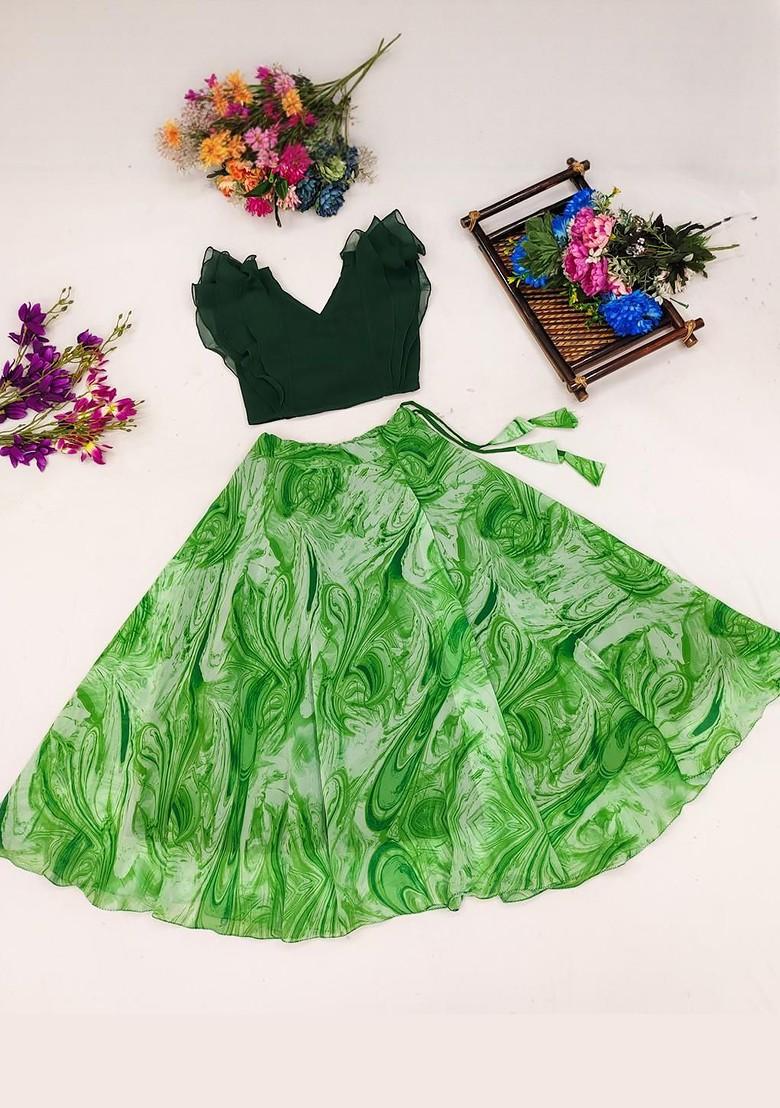 Green Embroidered Georgette Lehenga Choli For Girls - Indya