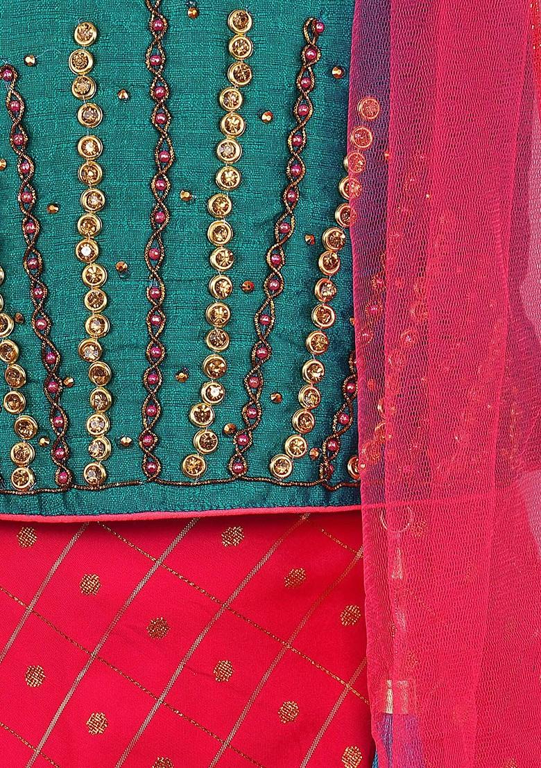 Green Embellished Blended Lehenga Choli For Girls - Indya