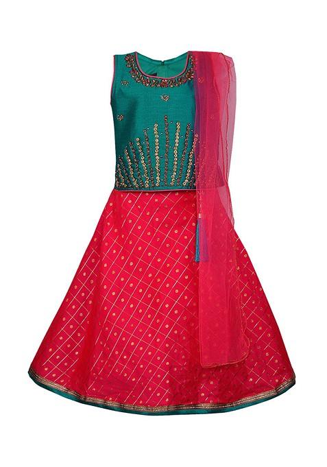 Green Embellished Blended Lehenga Choli For Girls — view on Indya