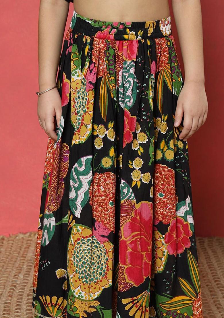 Black Printed Blended Lehenga Choli For Girls - Indya