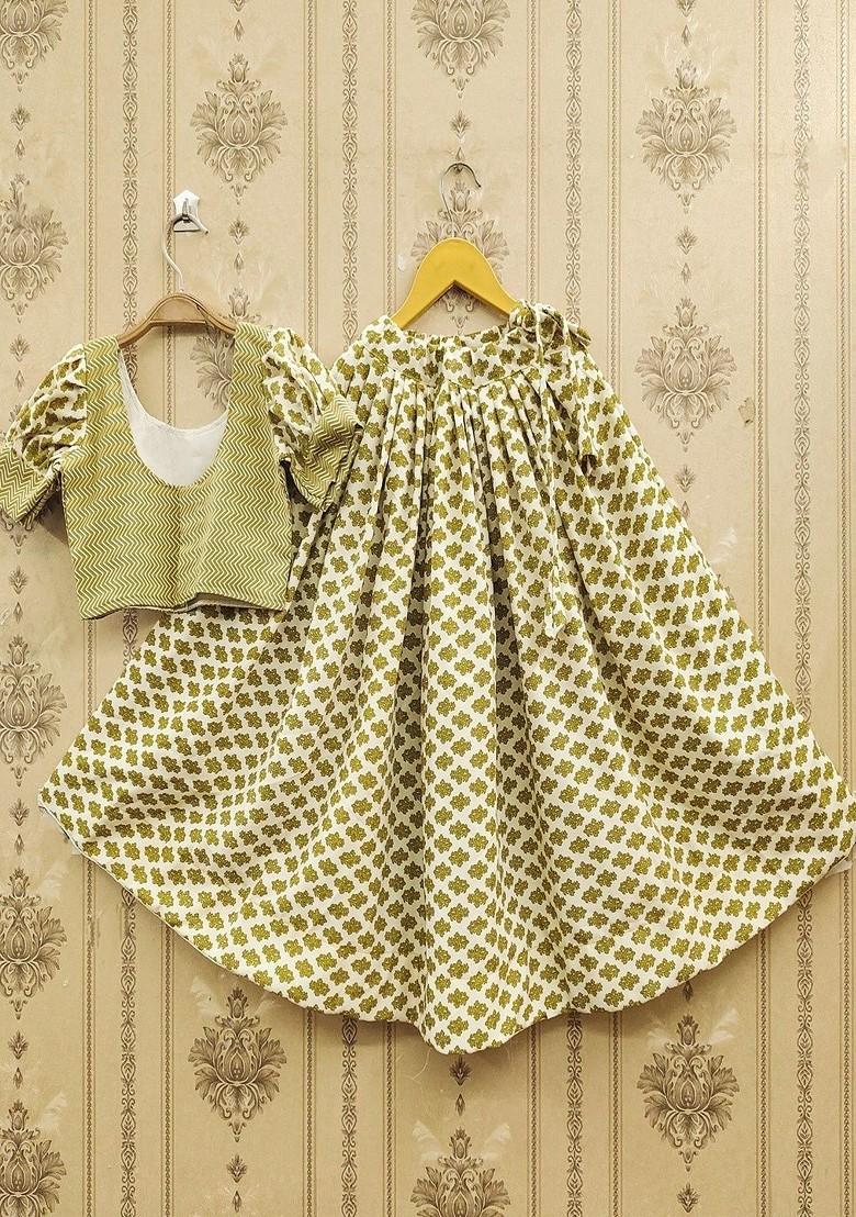 White Printed Blended Lehenga Choli For Girls - Indya