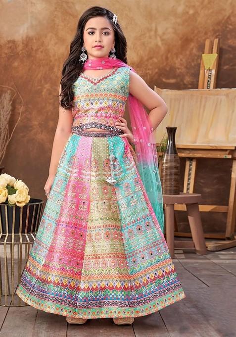 Blue Printed Blended Lehenga Choli For Girls — view on Indya