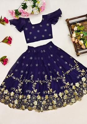 Blue Embroidered Georgette Lehenga Choli For Girls