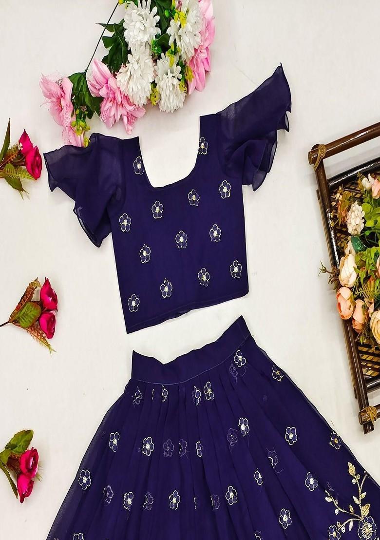 Blue Embroidered Georgette Lehenga Choli For Girls - Indya