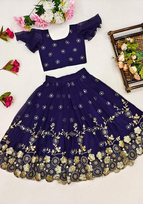 Blue Embroidered Georgette Lehenga Choli For Girls — view on Indya