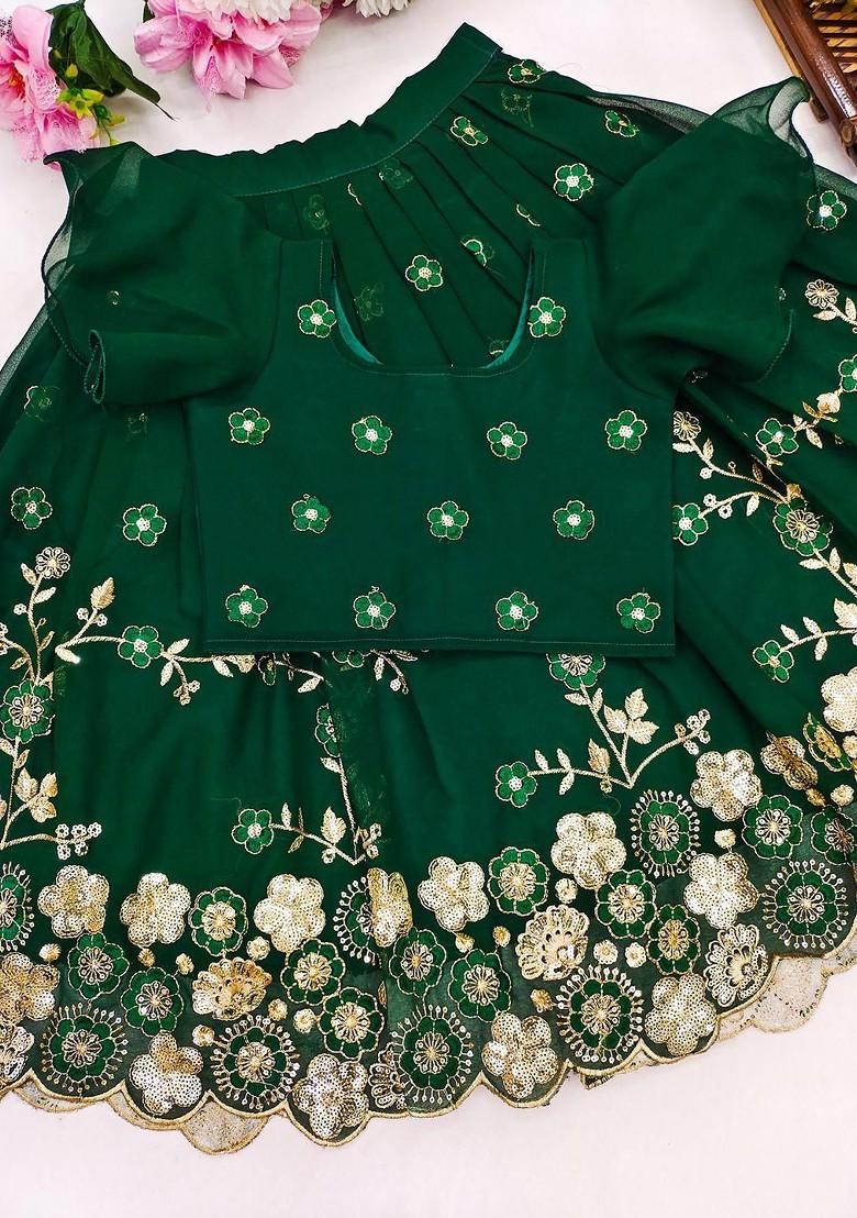 Green Embroidered Georgette Lehenga Choli For Girls - Indya