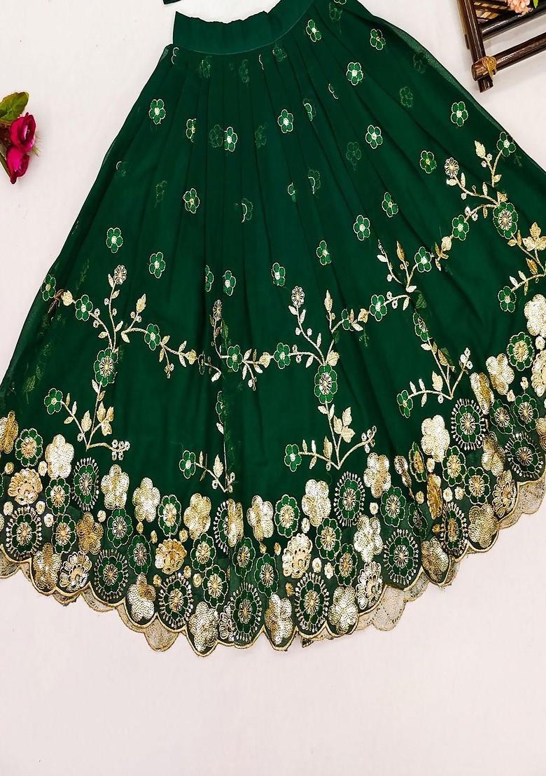Green Embroidered Georgette Lehenga Choli For Girls - Indya