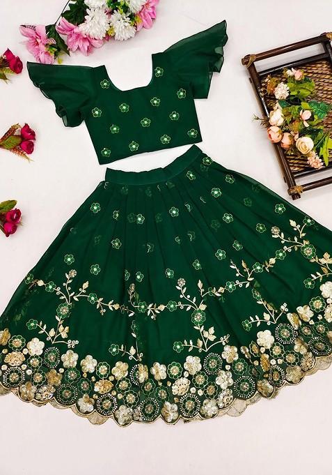Green Embroidered Georgette Lehenga Choli For Girls — view on Indya