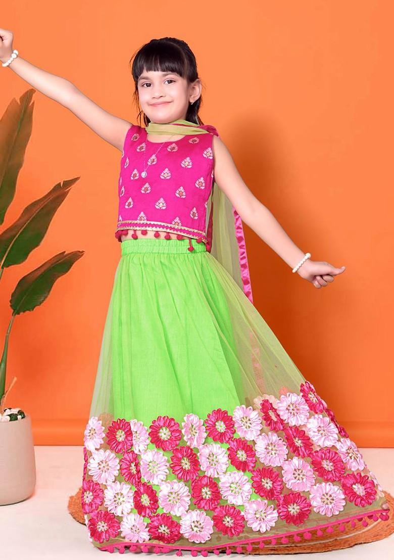 Fluorescent Green Embroidered Blended Lehenga Choli For Girls - Indya
