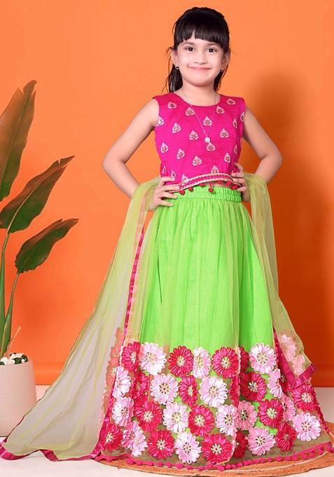 Fluorescent Green Embroidered Blended Lehenga Choli For Girls — view on Indya