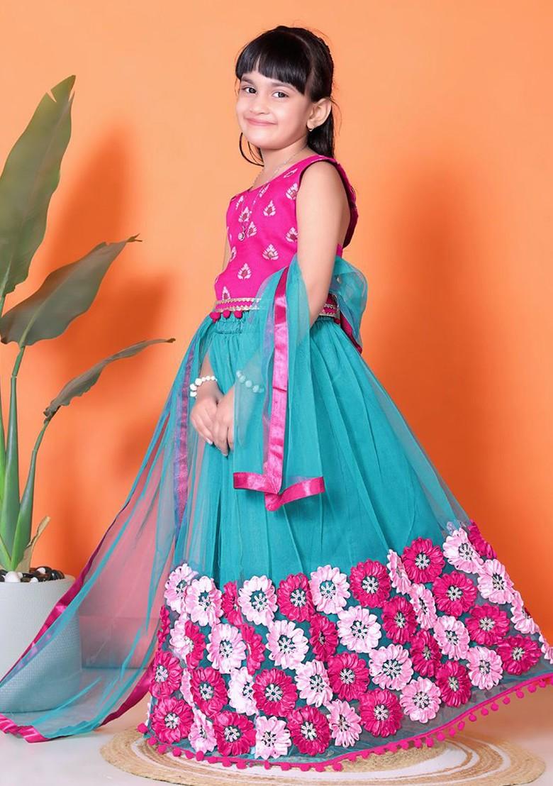 Teal Embroidered Blended Lehenga Choli For Girls - Indya