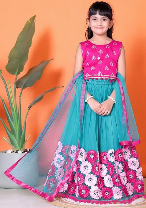 Teal Embroidered Blended Lehenga Choli For Girls