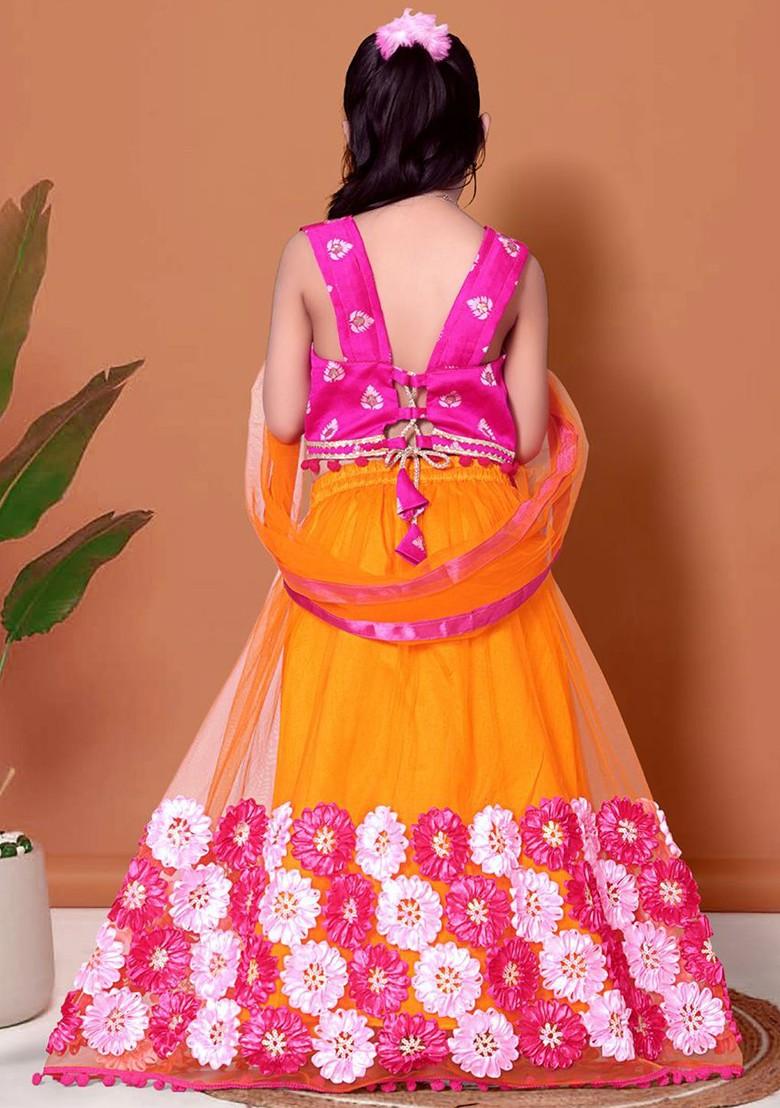 Orange Embroidered Blended Lehenga Choli For Girls - Indya