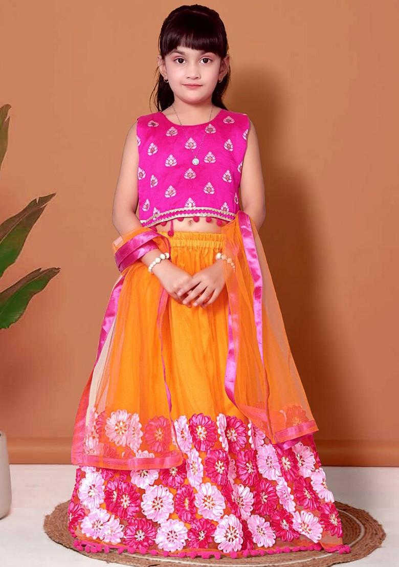 Orange Embroidered Blended Lehenga Choli For Girls - Indya