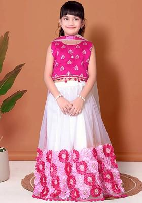 White Printed Blended Lehenga Choli For Girls