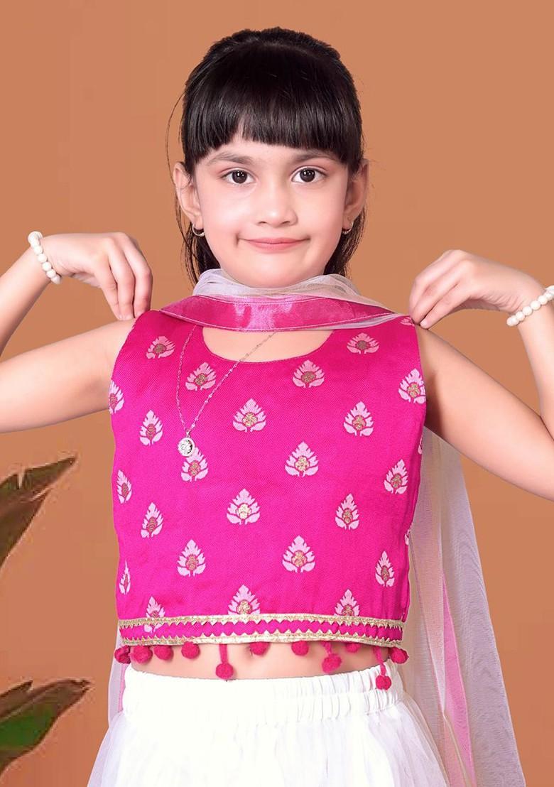 White Printed Blended Lehenga Choli For Girls - Indya