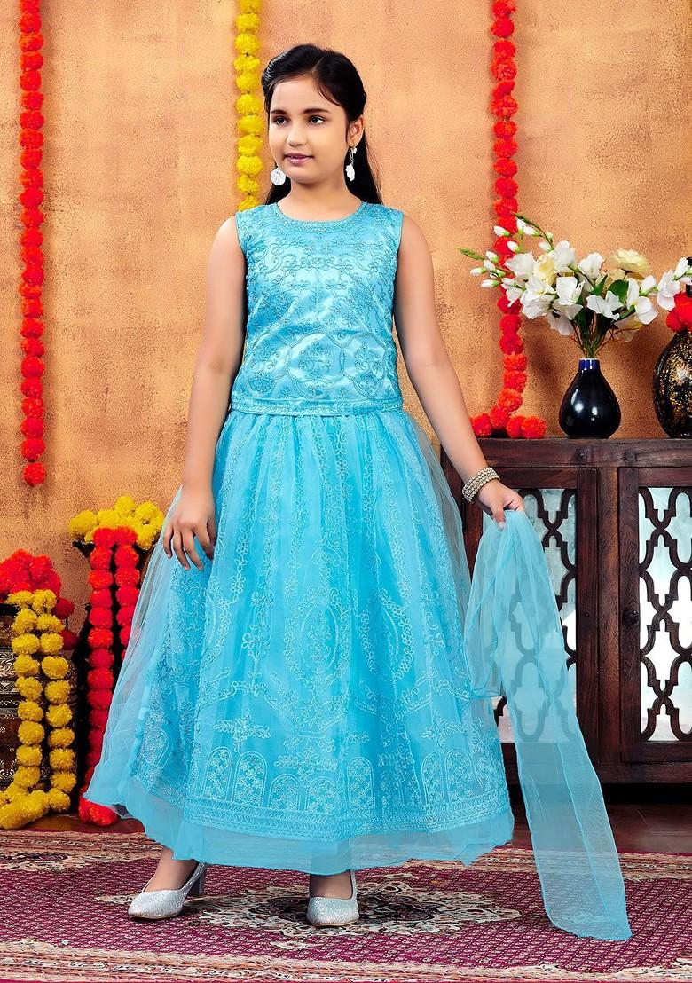 Turquoise Blue Embroidered Blended Lehenga Choli For Girls - Indya