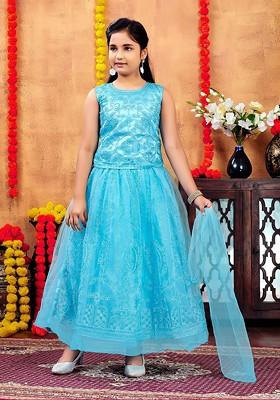Turquoise Blue Embroidered Blended Lehenga Choli For Girls