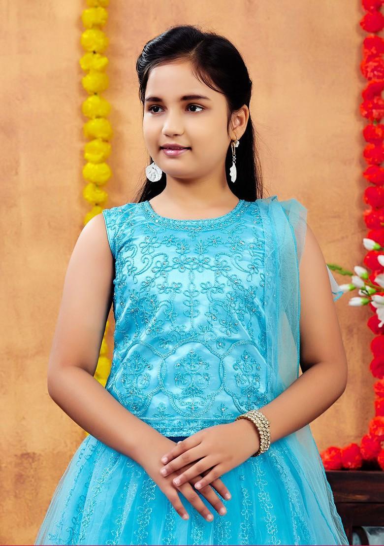 Turquoise Blue Embroidered Blended Lehenga Choli For Girls - Indya