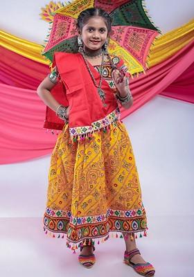 Yellow Embroidered Cotton Blend Lehenga Choli For Girls