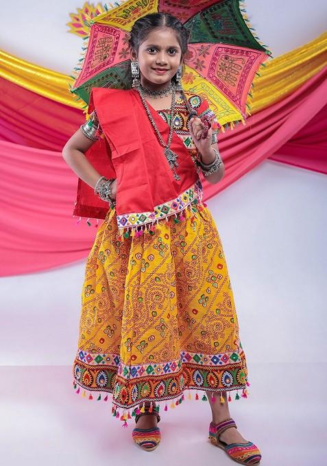 Yellow Embroidered Cotton Blend Lehenga Choli For Girls — view on Indya