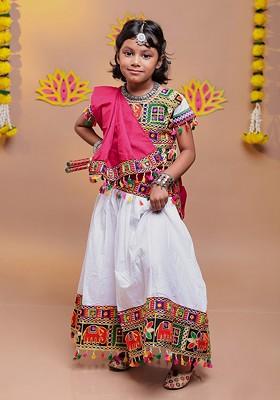 White Embroidered Cotton Blend Lehenga Choli For Girls