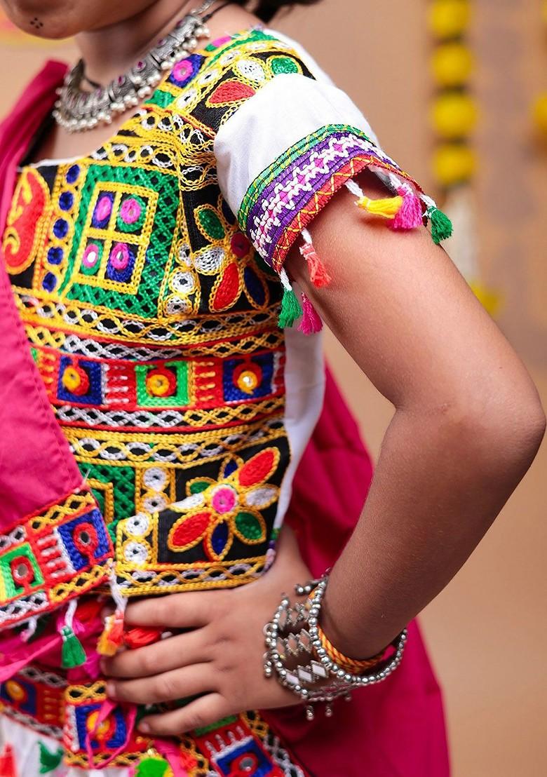 White Embroidered Cotton Blend Lehenga Choli For Girls - Indya