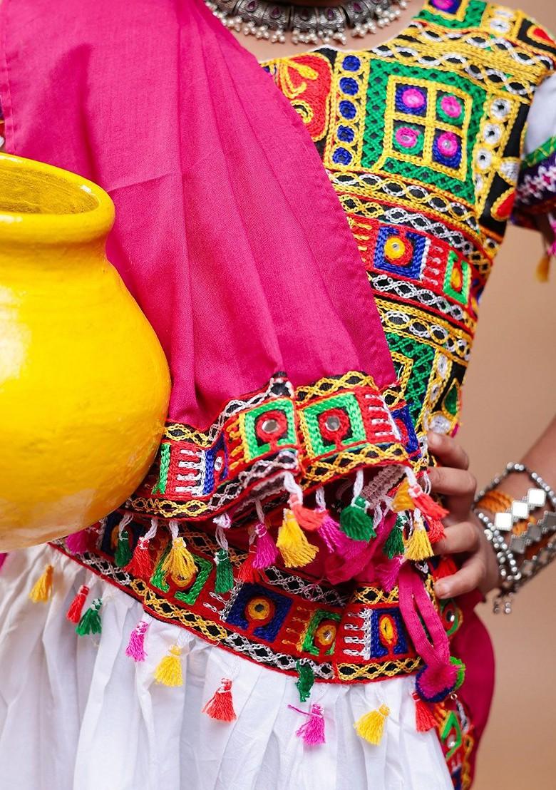 White Embroidered Cotton Blend Lehenga Choli For Girls - Indya