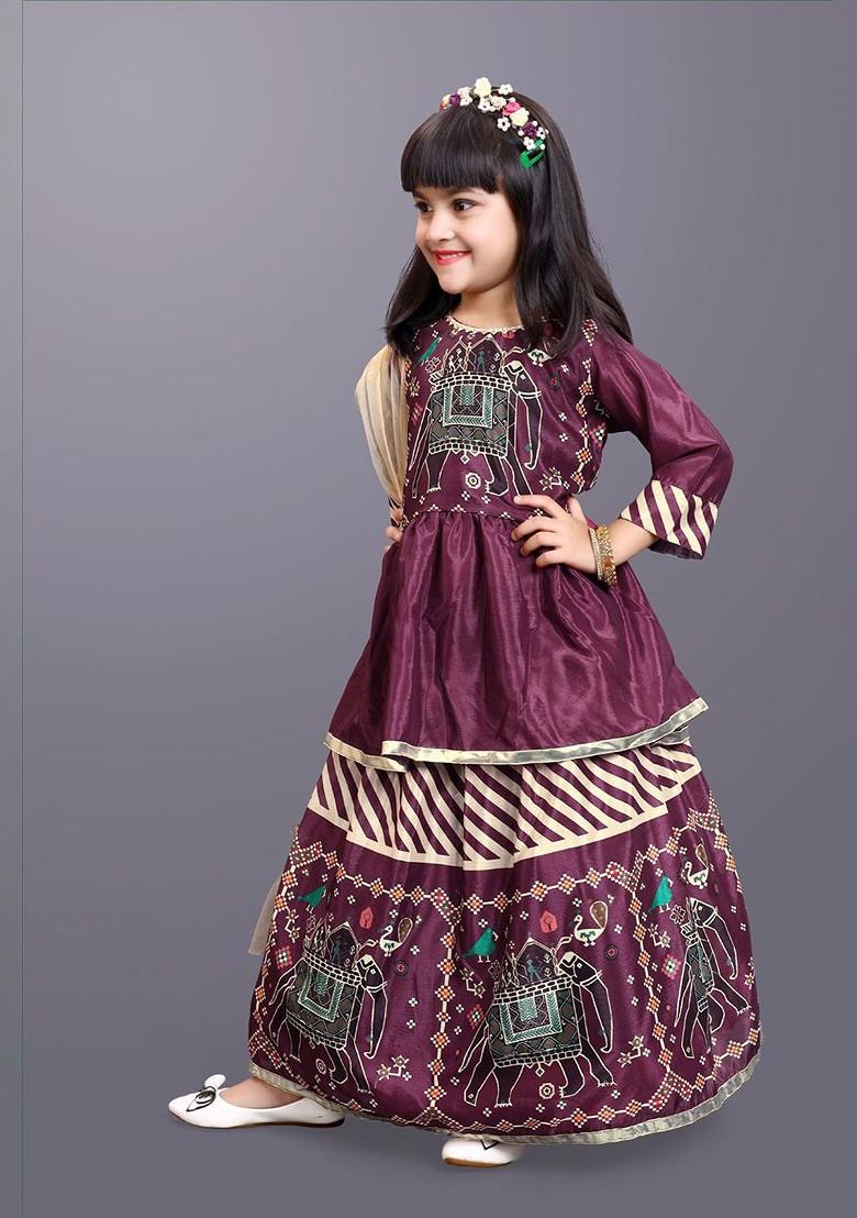 Maroon Printed Blended Lehenga Choli For Girls - Indya