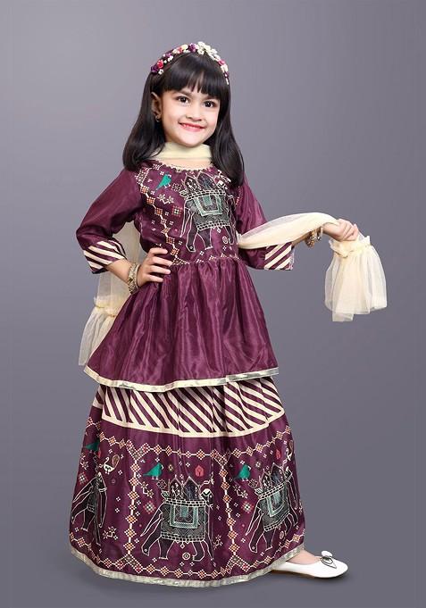 Maroon Printed Blended Lehenga Choli For Girls — view on Indya