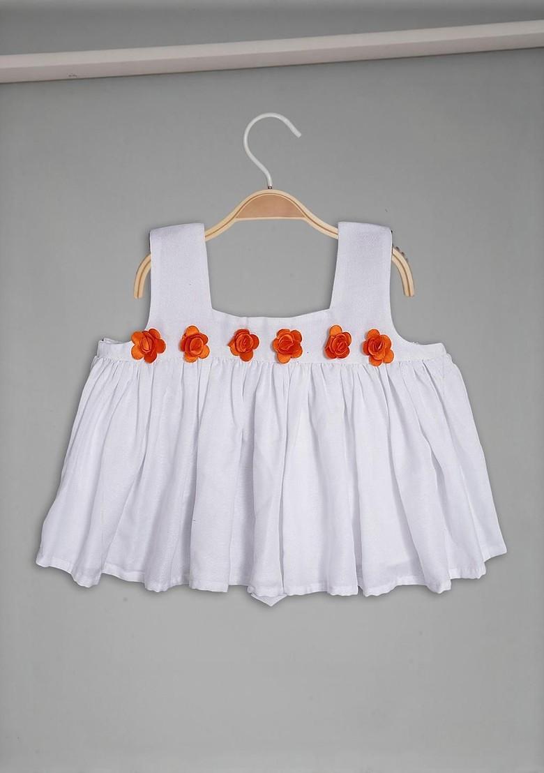 White Printed Blended Lehenga Choli For Girls - Indya