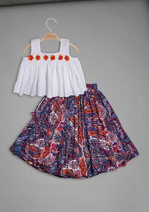 White Printed Blended Lehenga Choli For Girls — view on Indya