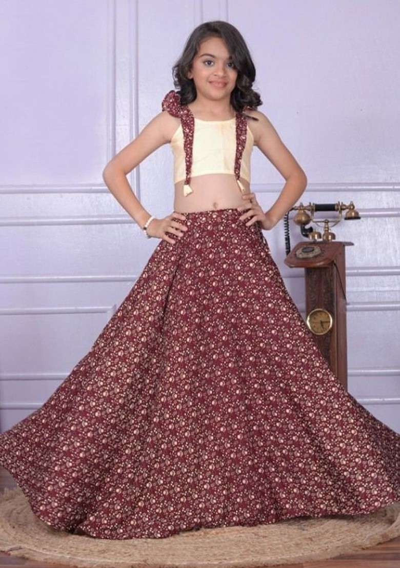 Maroon Printed Blended Lehenga Choli For Girls - Indya